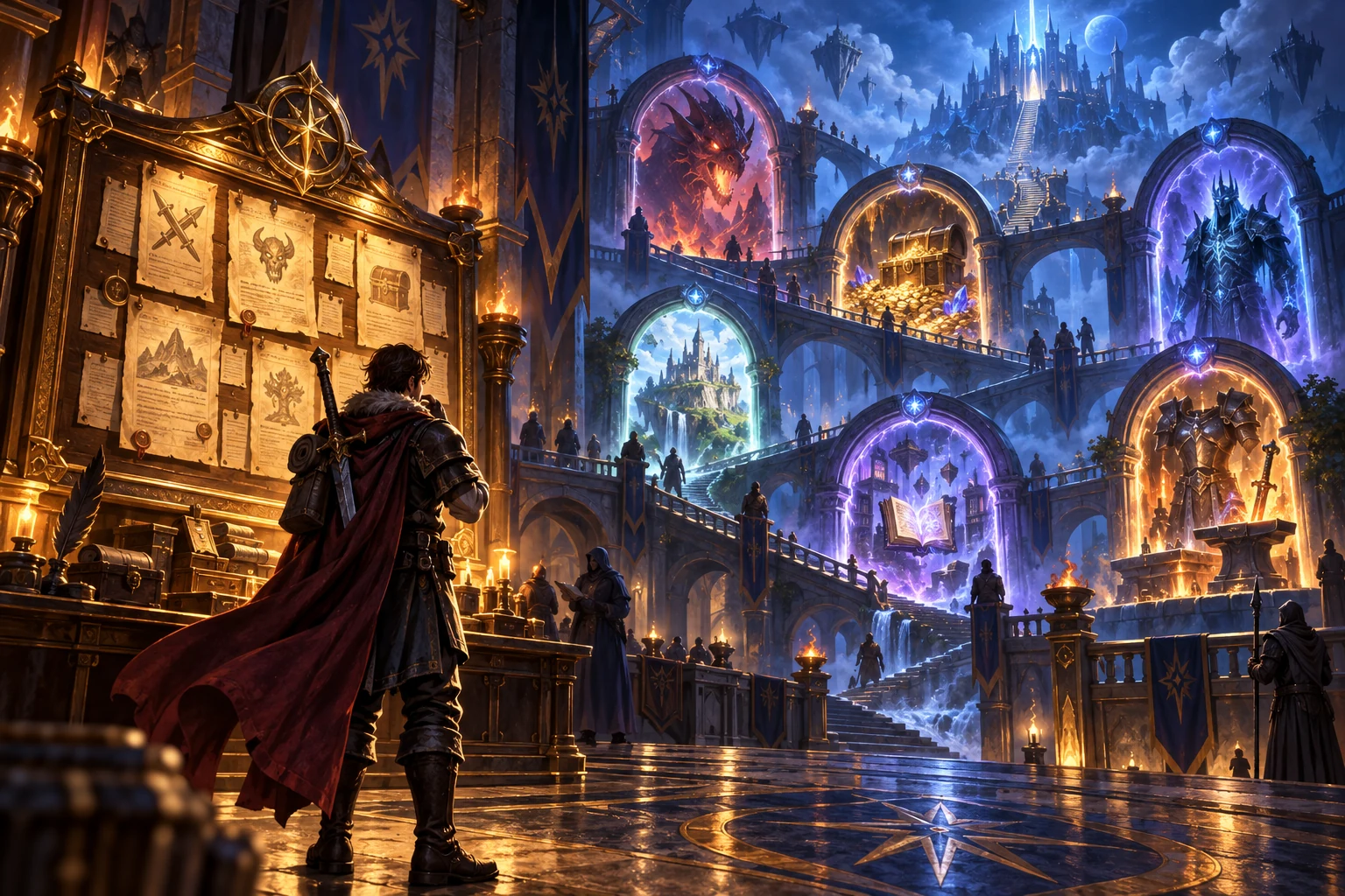 Adventurers reviewing magical contracts in a fantasy guild hall