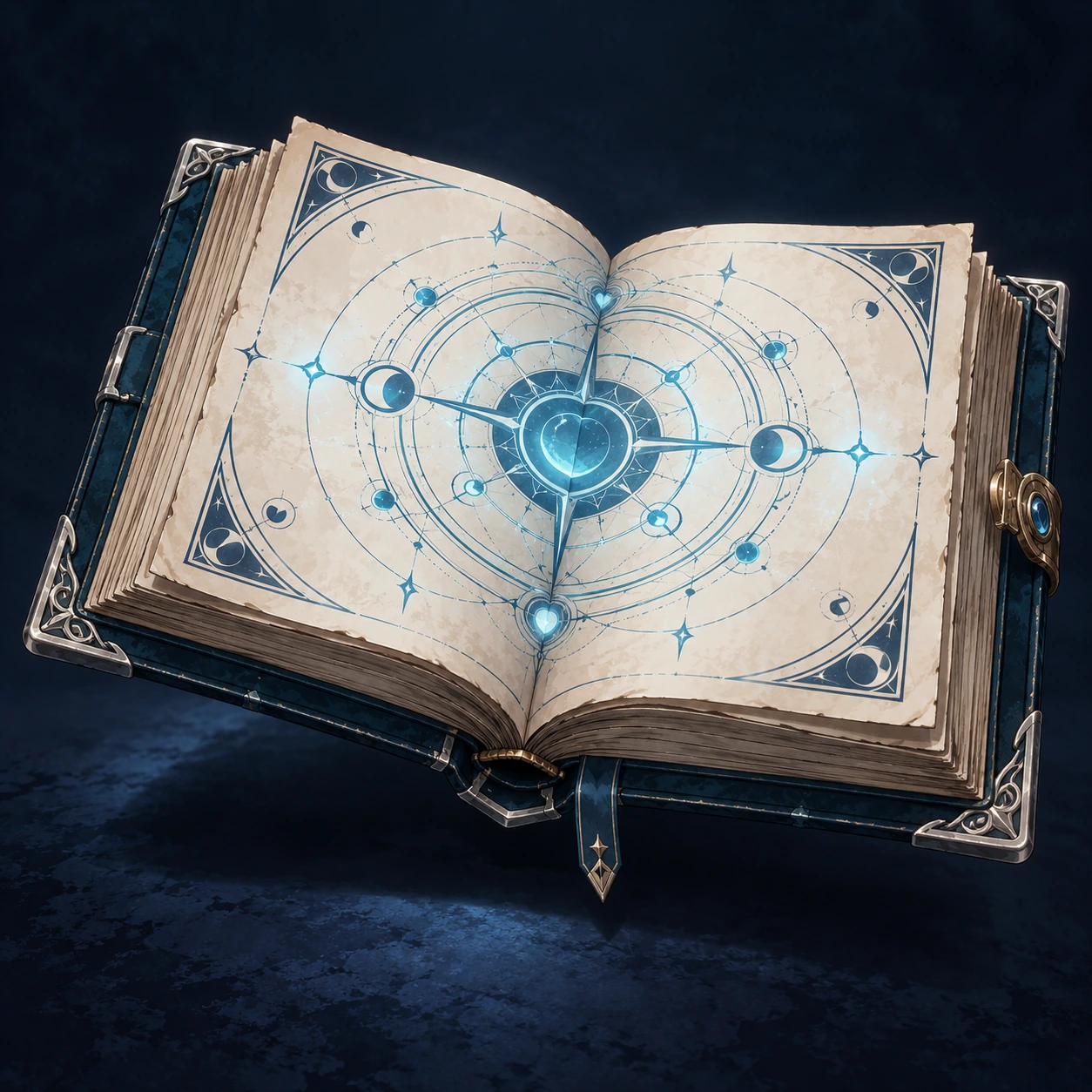 Original open grimoire illustration with a cyan spell diagram