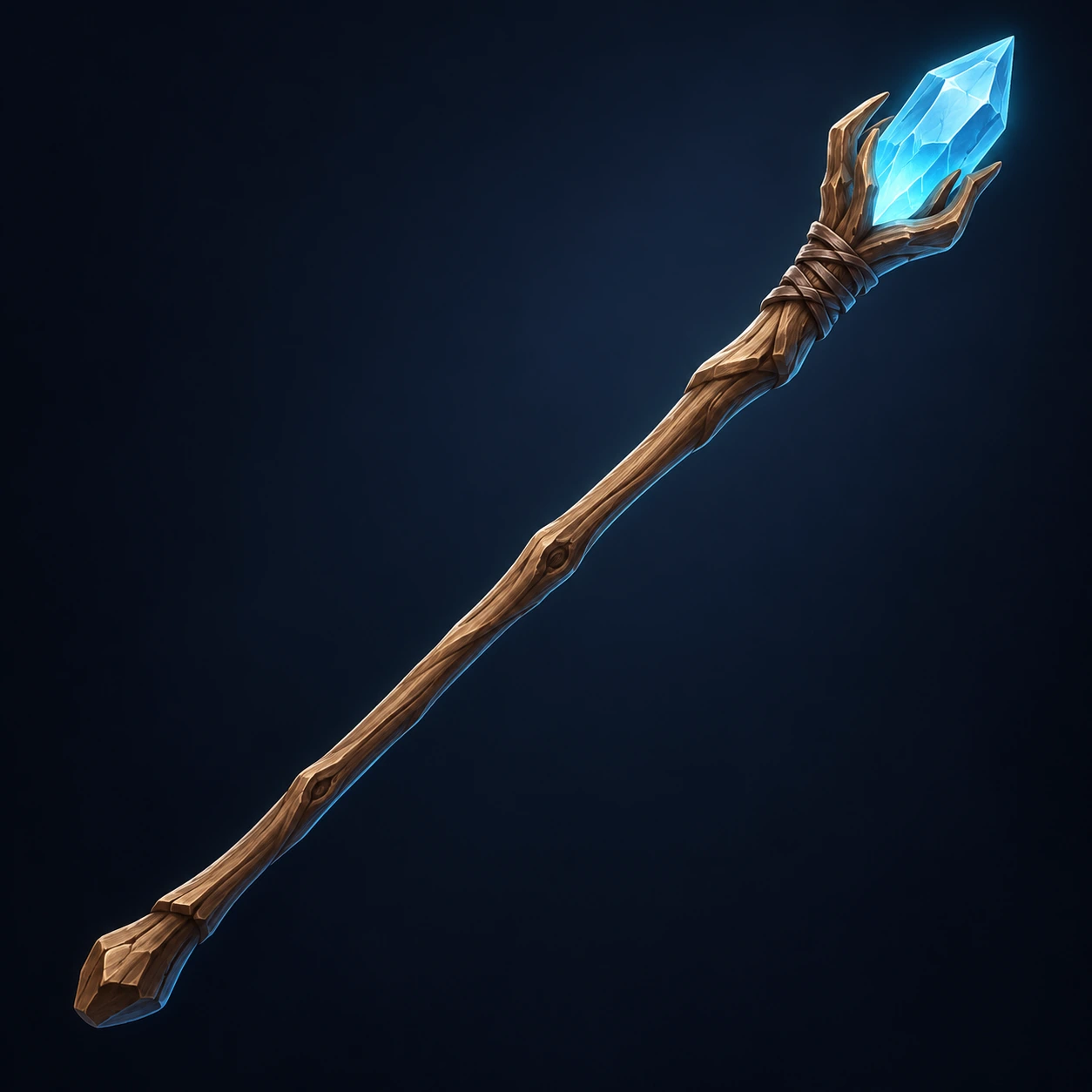 Original wooden casting staff illustration with a cyan crystal