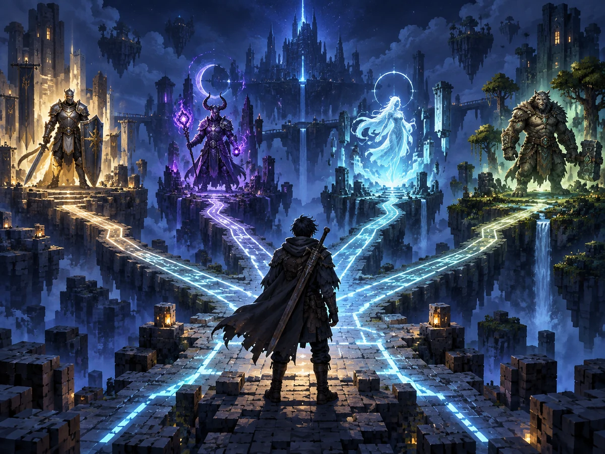 A traveler choosing between four character progression paths