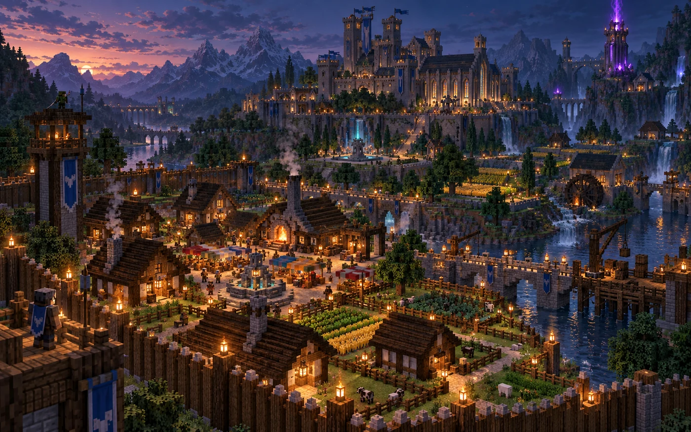 A defended settlement growing from farms and workshops into a sovereign city