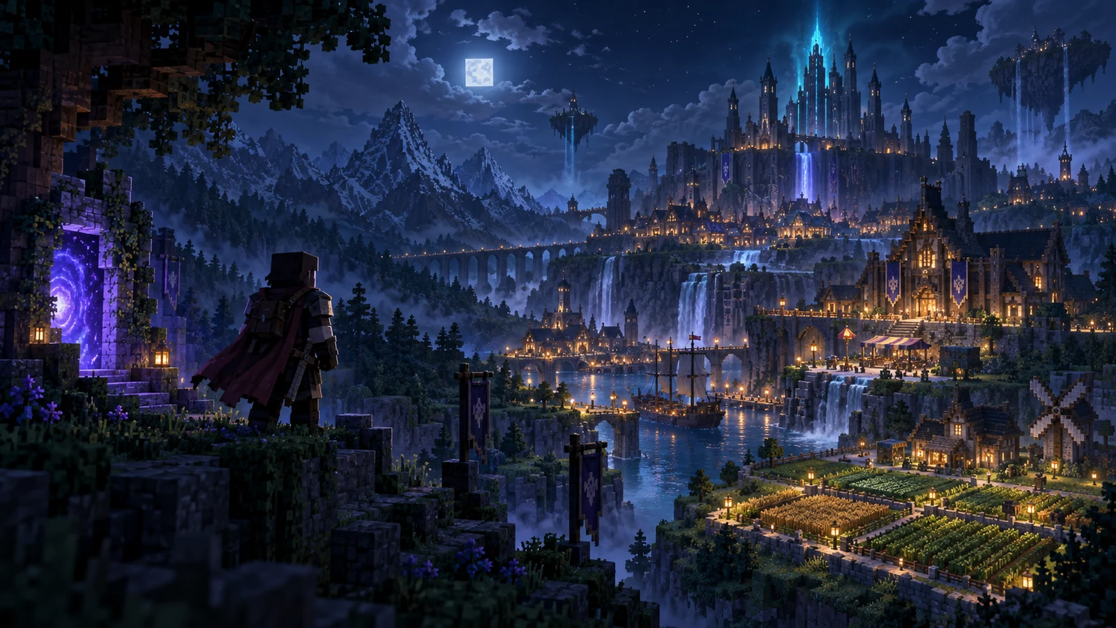 An adventurer arriving above a luminous fantasy settlement