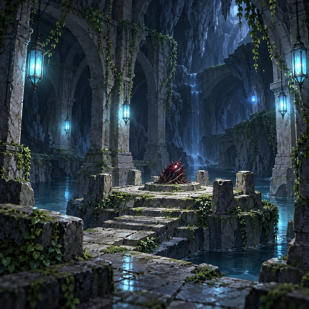 Original Charybdis Cave illustration with ruined arches and a core chamber